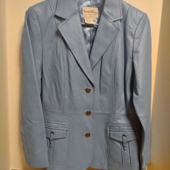 Pamela McCoy Blue Leather Jacket Size Medium Vintage - Picture 1 of 6